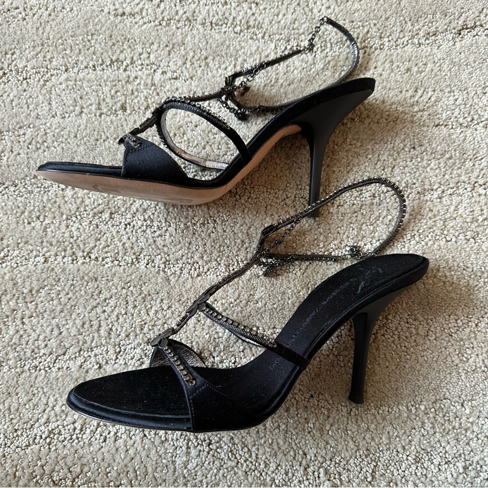 Giuseppe Zanotti Black Satin Rhinestone Enamel Anklet Heel Sandals IT 38.5 NIB - Picture 12 of 17